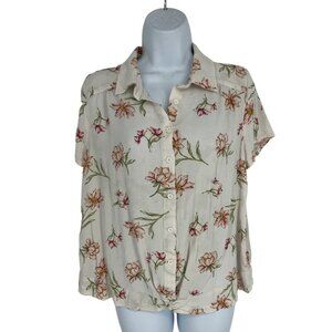 Torrid Short Sleeve Twist Hem Ivory Floral Crepe Button Blouse Size Large